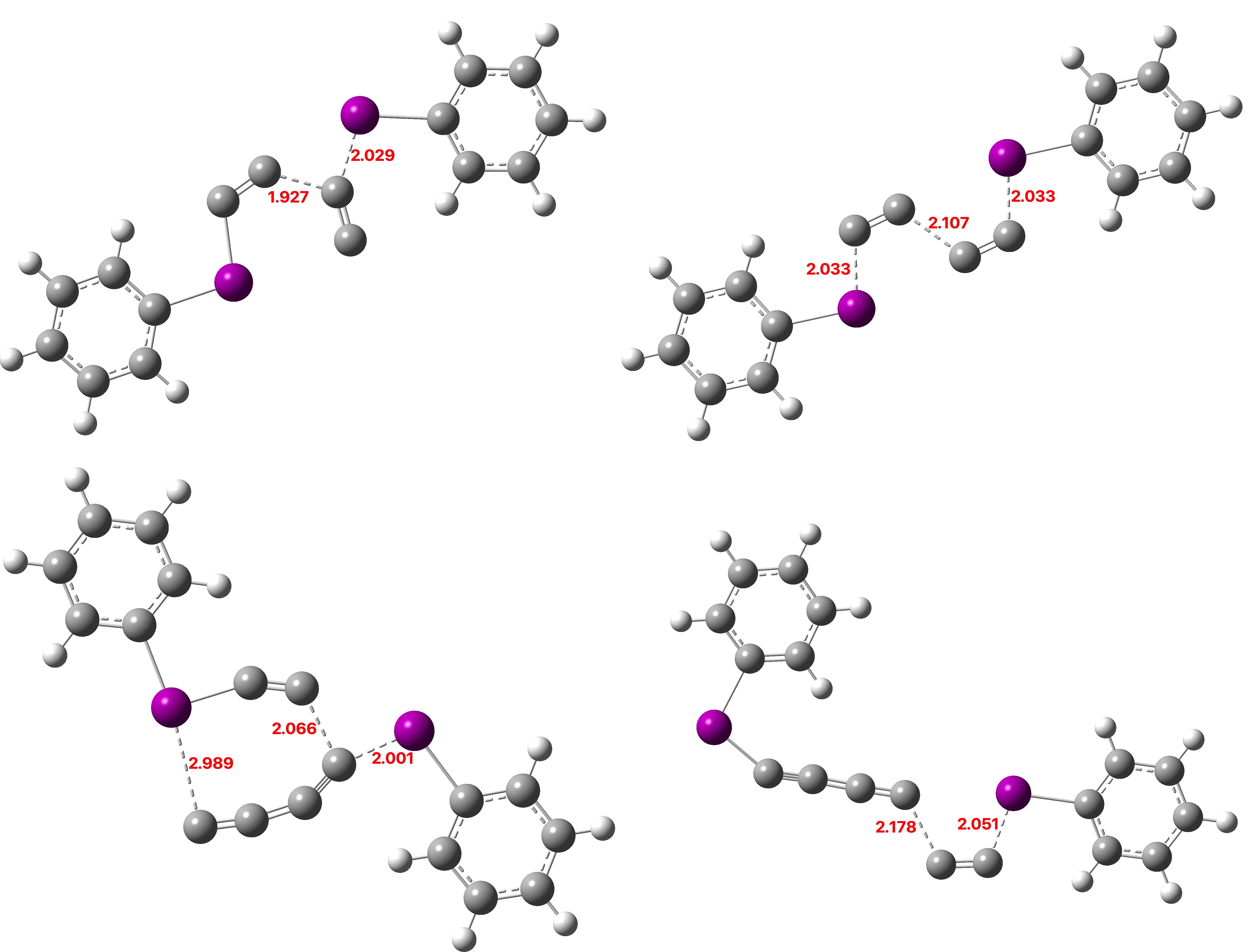 Models for competing 1,1- and 1,2- substitution reactions of 11 with itself. Distances in Å.